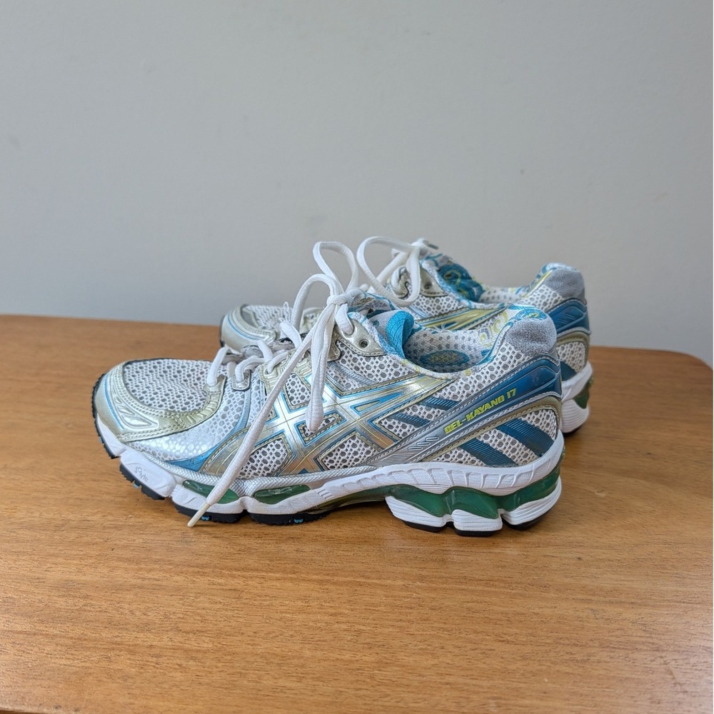 Asics Gel-Kayano 17 Womens Running Shoes White Silver Blue T150N Size 7.5